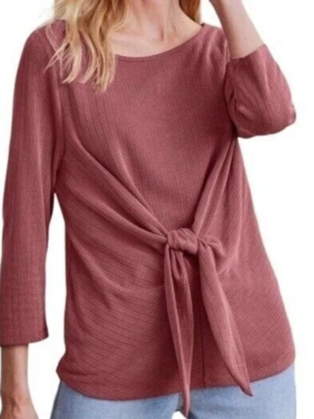 Soft Surroundings Corrie Ribbed Tie Front Top Comfy Vacation Flowy in Mauve 1X